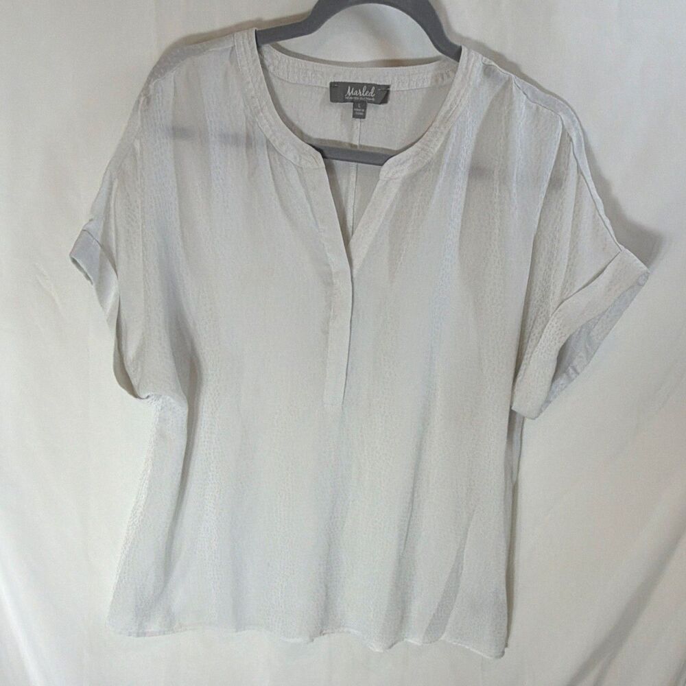 Marled Reunited Clothing Women’s L White V-Neck Short Sleeve Textured Blouse